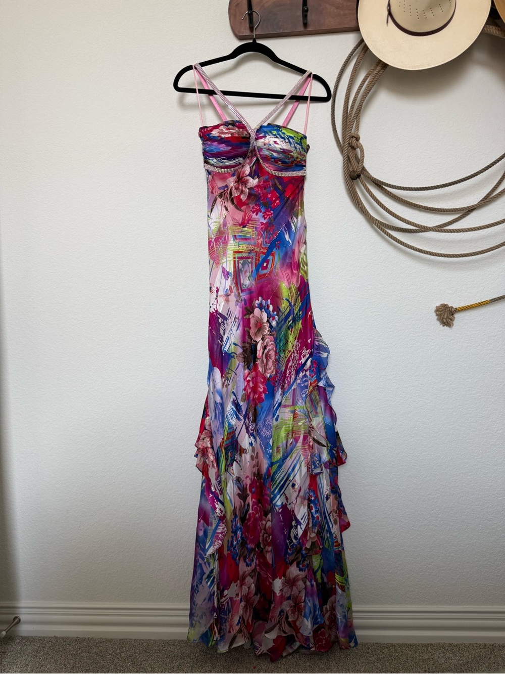 VINTAGE Y2K Caché 100% Silk Ruffle Floral Maxi Gown – Size 0 ✨✨✨ - Picture 5 of 13